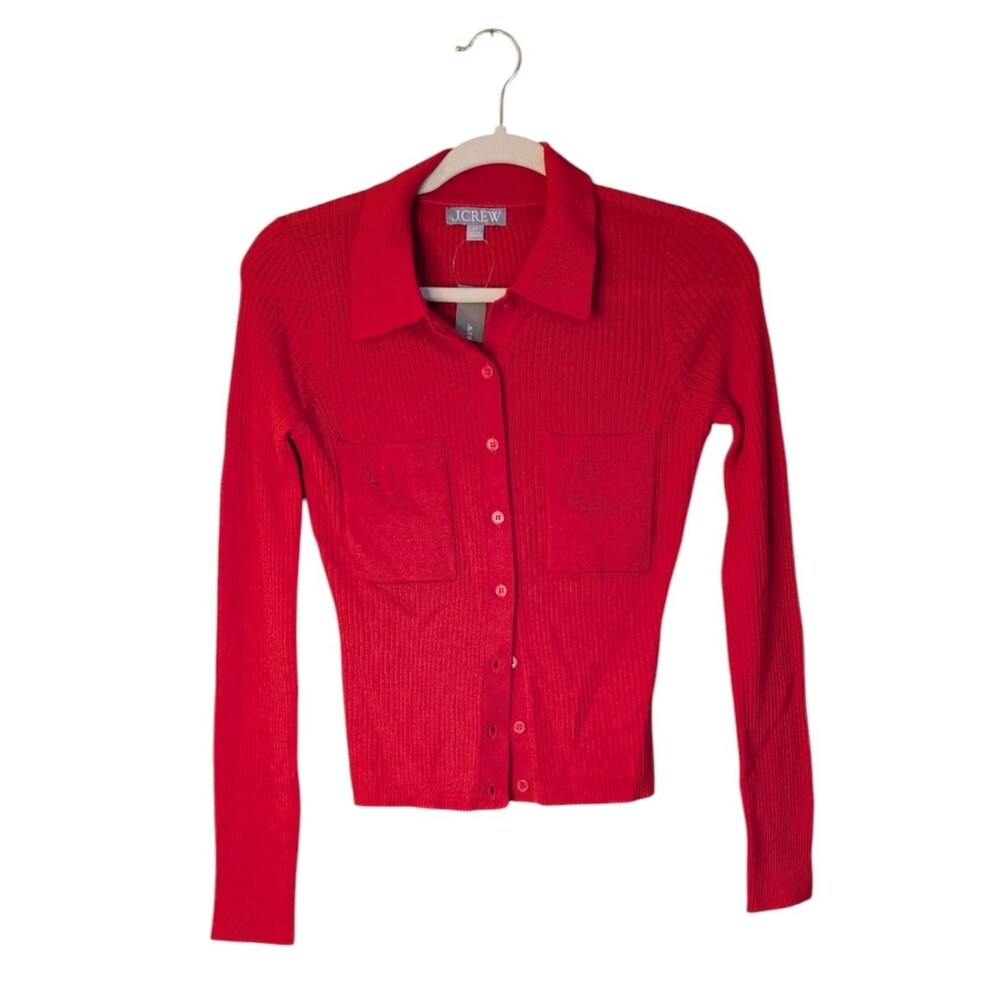 NWT J. Crew CK393 Red Ribbed Merino Wool Polo Cardigan with Pockets size XS flaw